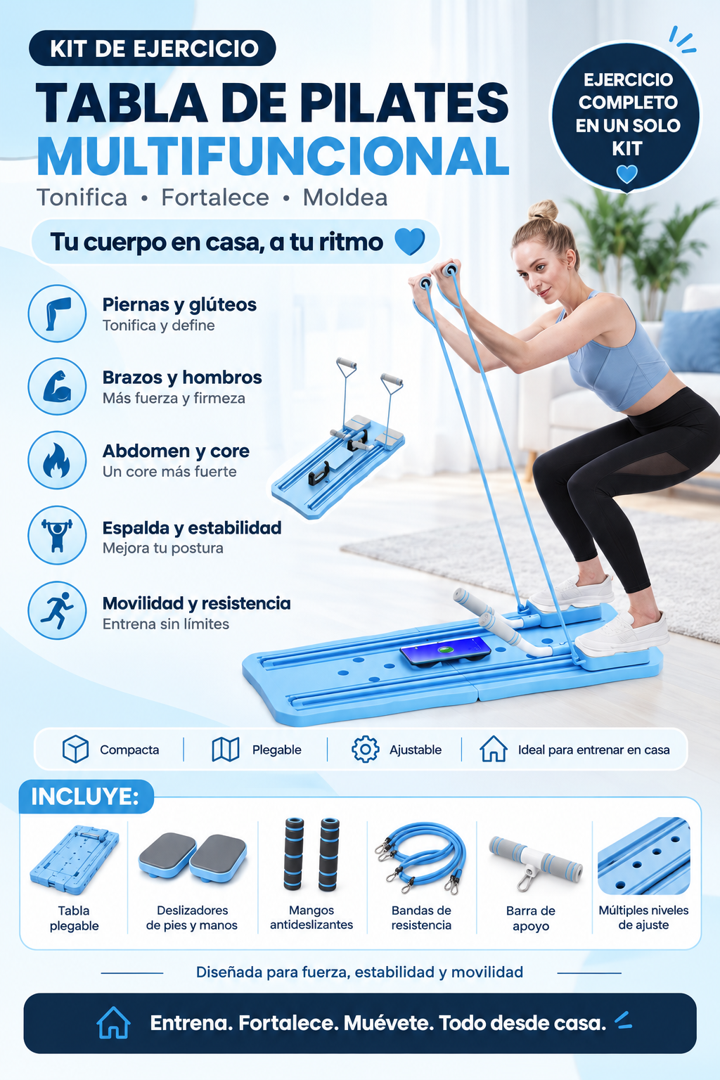 Tabla de Pilates Multifuncional con Bandas de Resistencia | Entrenamiento en Casa